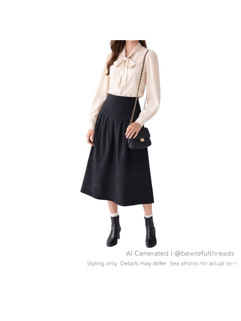 Mac & Jac Black Embroidered Midi Skirt US 2 Romantic Academia